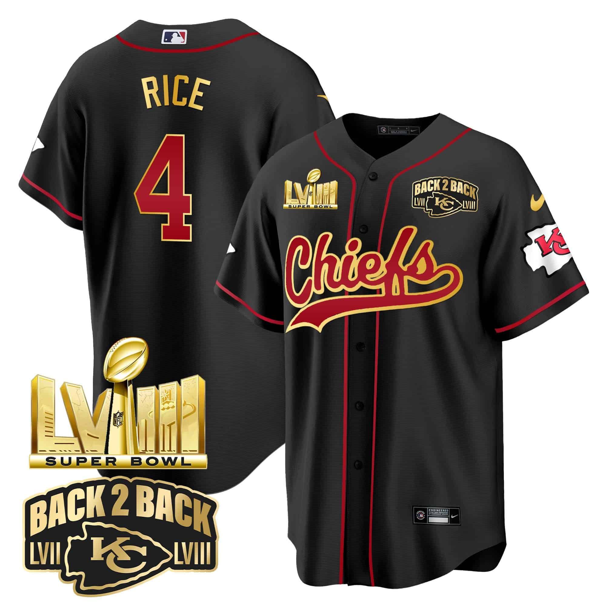 Men Kansas City Chiefs #4 Rice Black 2024 Nike Super Bowl LVIII Back-2-Back Gold Patch Baseball NFL Jersey->indianapolis colts->NFL Jersey